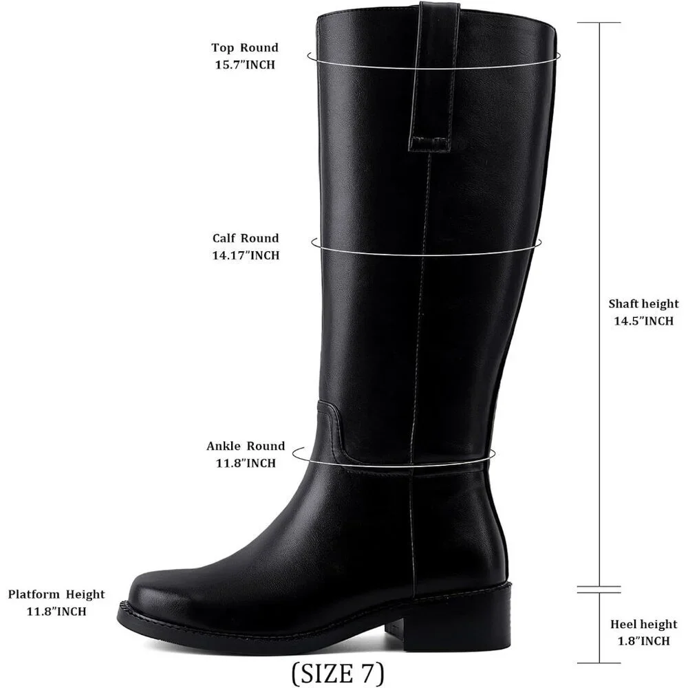 Women's Black Square Toe Chunky Heel Slip-on Pu Leather Knee-high Boots